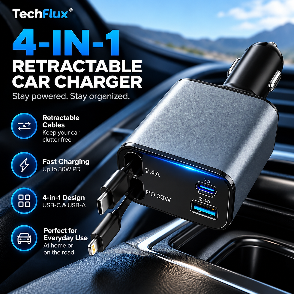 TechFlux 4-in-1 Retractable Car Charger with 30W PD fast charging and retractable cables