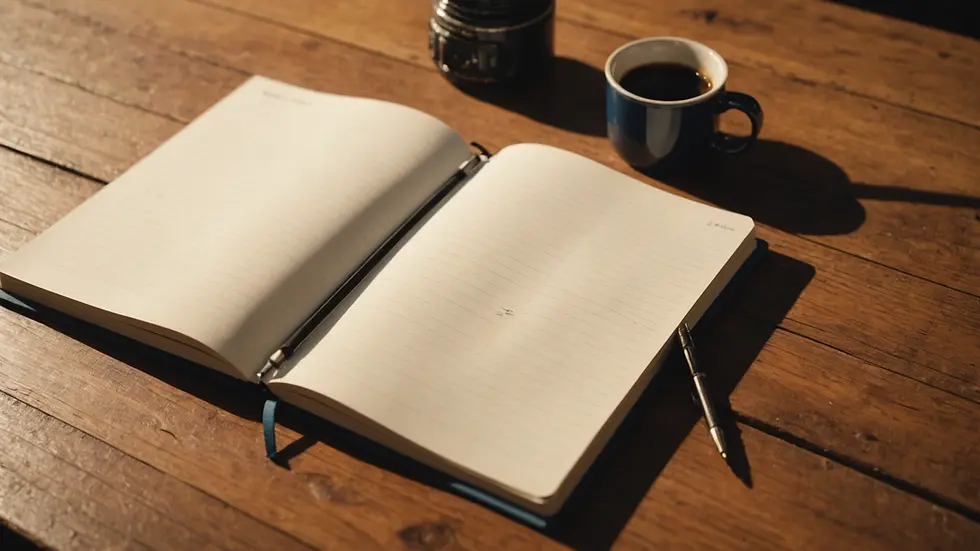 High angle view of a notebook and pen resting on a wooden table