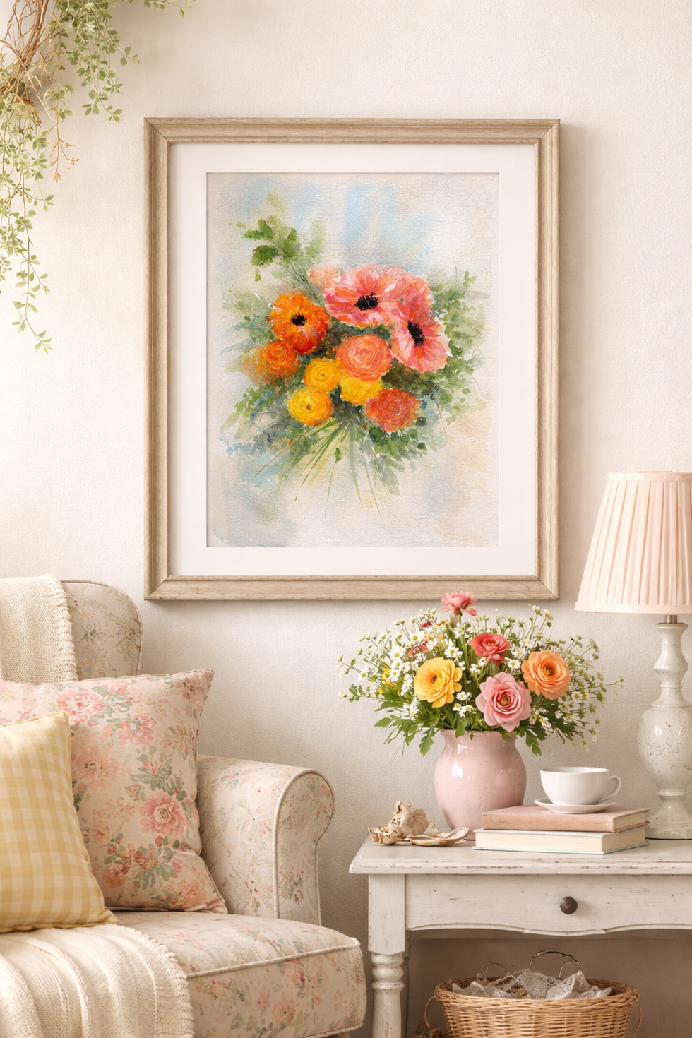 A Soft floral bouquette in peach and gold tones.