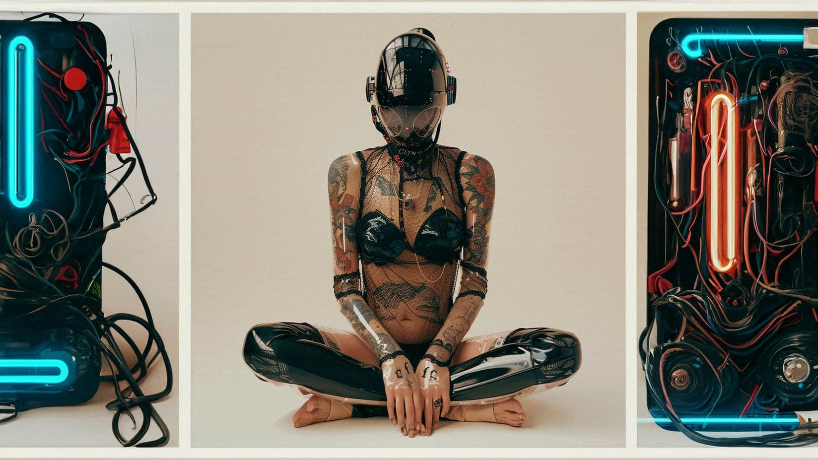Cyborg woman with tattoos sitting cross-legged, wearing a futuristic helmet and transparent suit, surrounded by neon blue and red light panels.