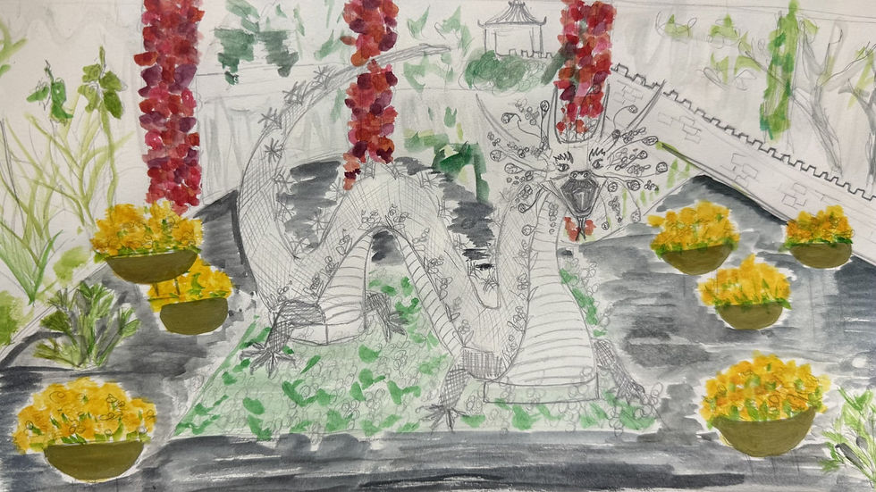 A sketch of a dragon with floral patterns, surrounded by yellow flower pots. Red vines hang in the background with green foliage.