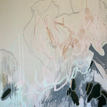 An abstract paining with soft colors and an almost landscape feel. 48 inches by 60 inches, mixed media on canvas.