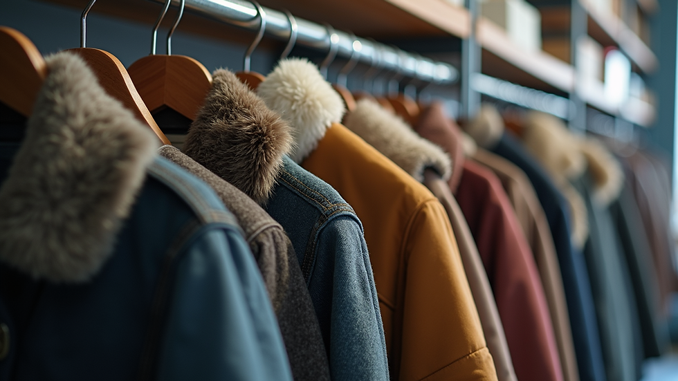Close-up view of donated clothing rack with winter coats