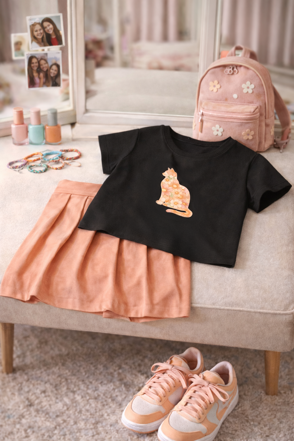 Black tee with cat succulent pattern, peach skirt, sneakers & backpack