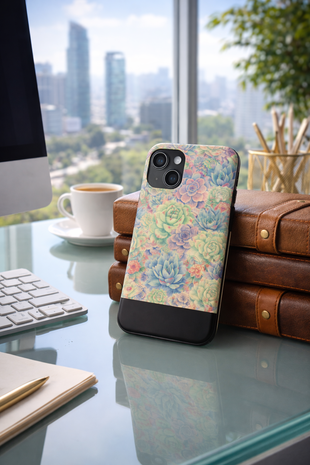 Pastel botanical succulent iPhone case with seamless succulent pattern