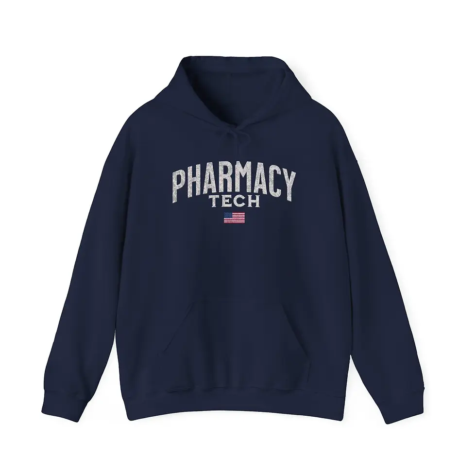 Thumbnail: Pharmacy Tech Hoodie, White Lettering, Distressed USA Flag, Pharmacist Gift