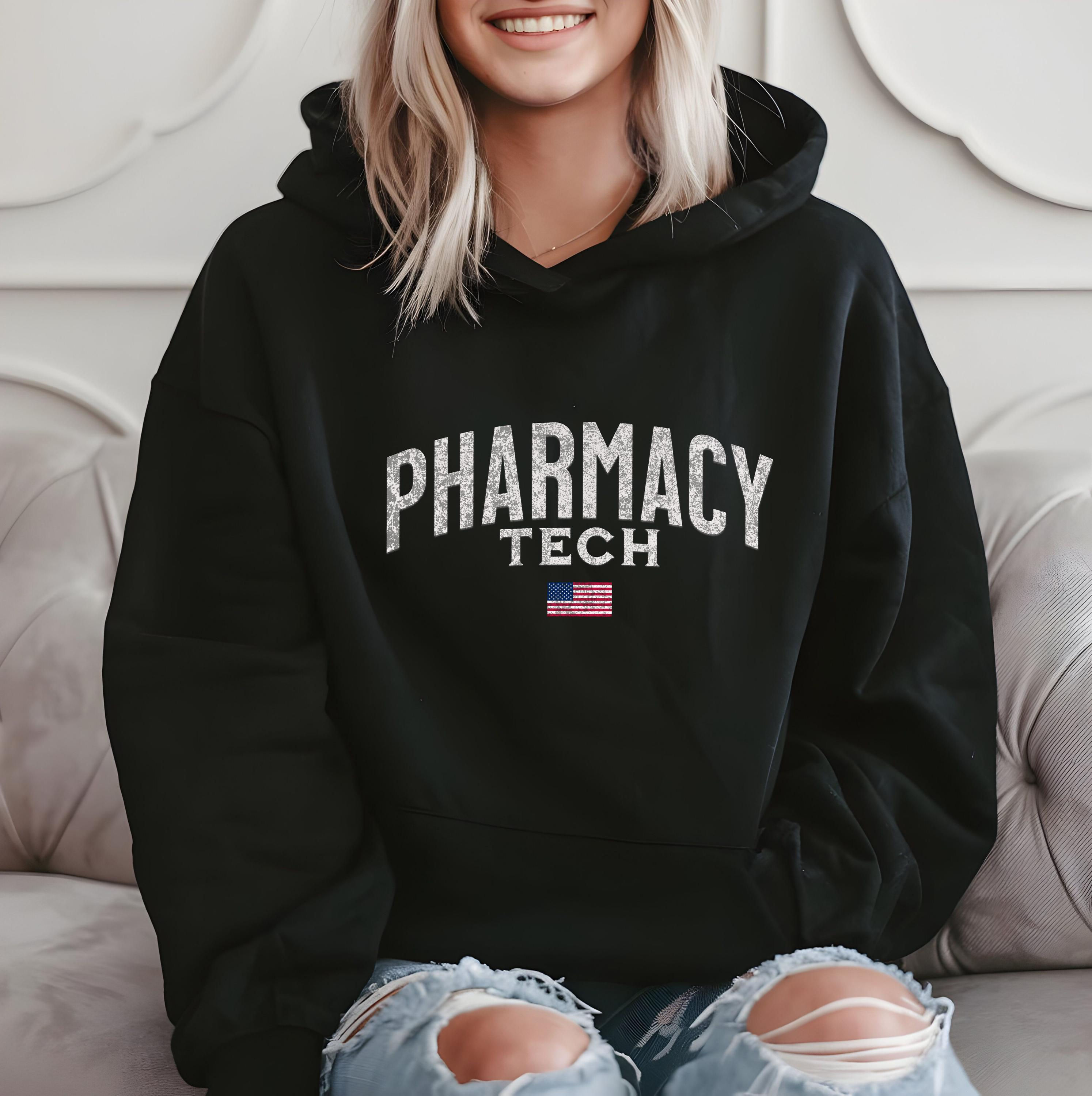 Pharmacy Tech Hoodie, White Lettering, Distressed USA Flag, Pharmacist Gift