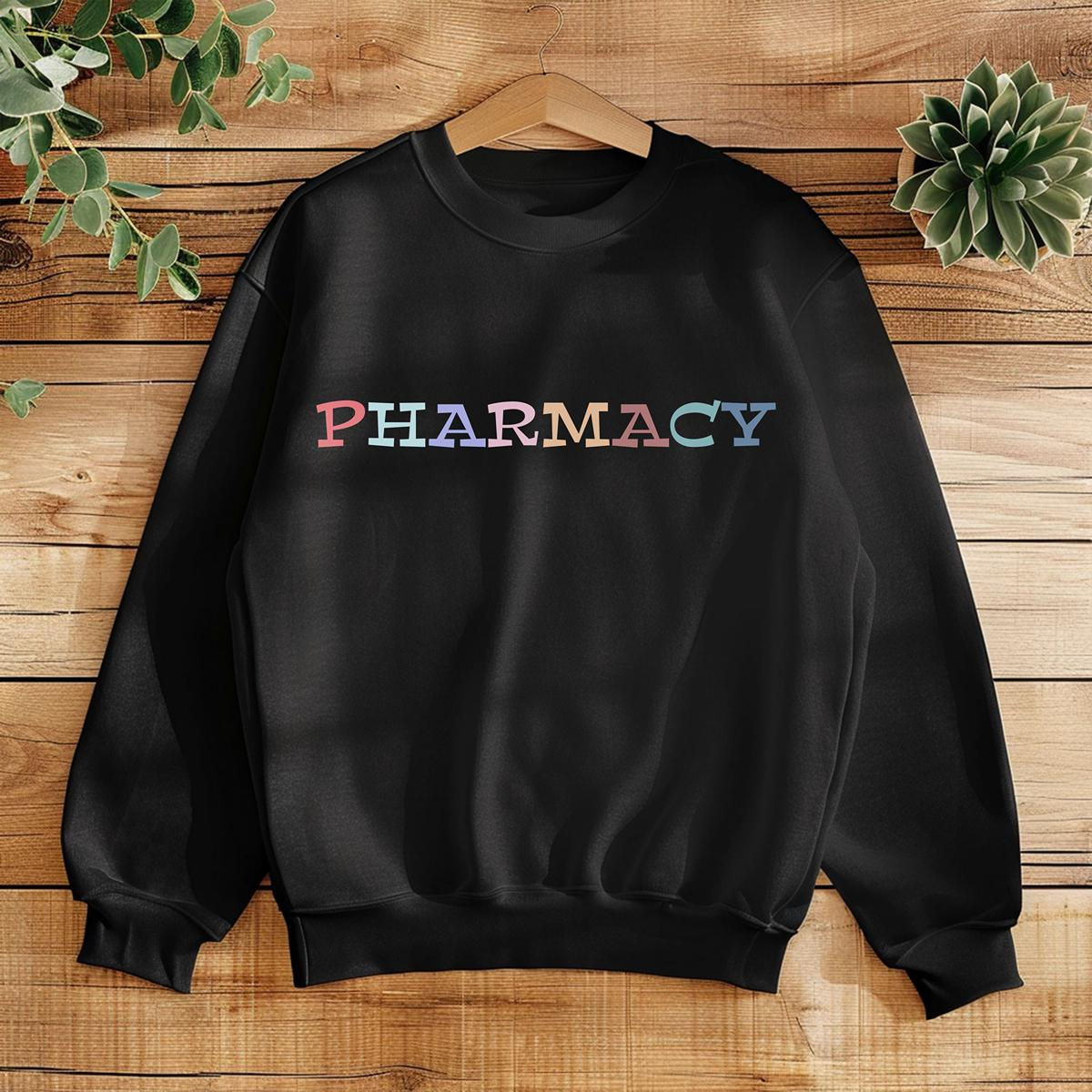Pharmacy Crewneck Sweatshirt, Colorful Lettering,