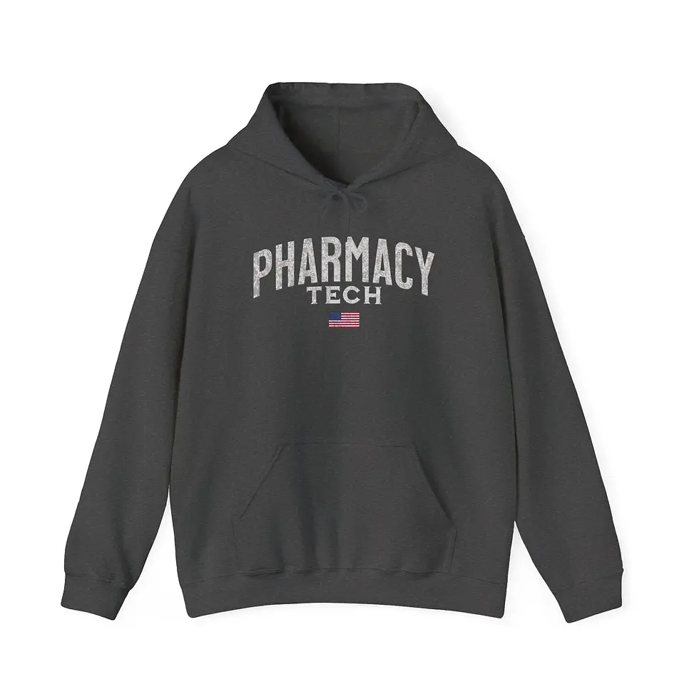 Thumbnail: Pharmacy Tech Hoodie, White Lettering, Distressed USA Flag, Pharmacist Gift