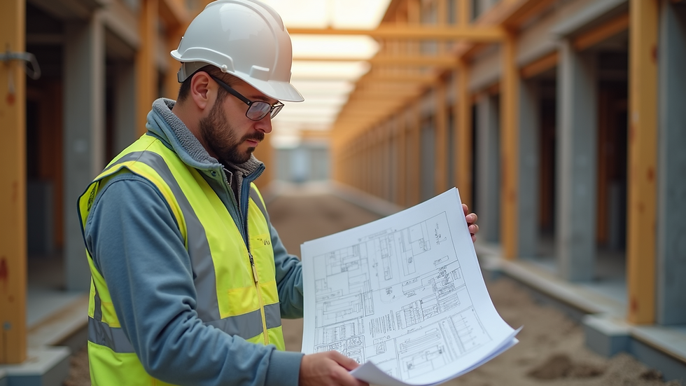 Eye-level view of a construction site with a licensed contractor inspecting blueprints