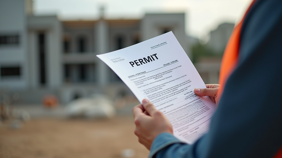 Close-up view of a contractor's hand holding a permit document on a construction site