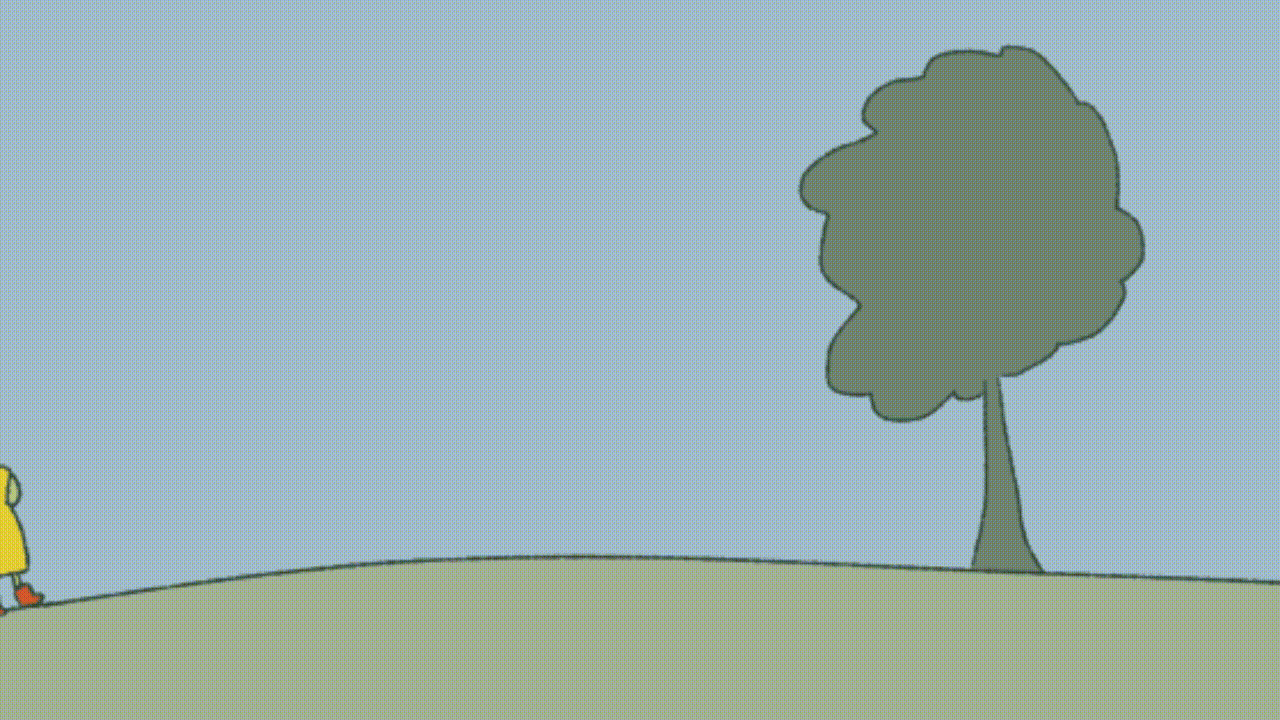 A gif of a tree blowing in the wind. A figure approaches as the words "Hello Traveller" blow through the tree and the figure waves up at it.
