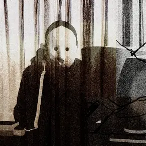 Uketsu in a mask holding a phone in a dimly lit room with striped curtains and abstract shapes. Eerie and mysterious mood.
