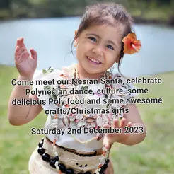 Promotional announcement featuring a young girl in Polynesian dress inviting visitors to meet Nesian Santa