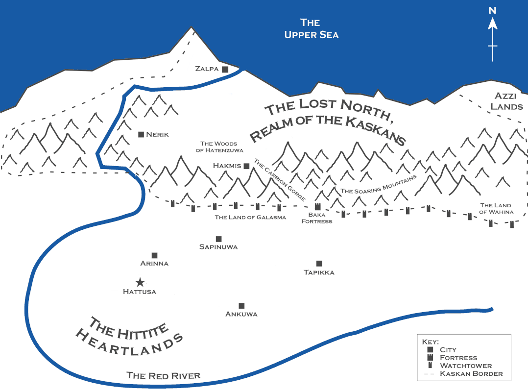 The lay of the land - The 'Soaring Mountains' (modern-day Pontic range), home of the Kaskans, with the 'Lost North' above and the Hittite fortification chain below.