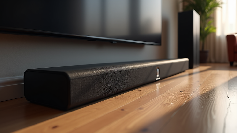 Close-up view of a sleek black home theater soundbar with subwoofer on a wooden floor