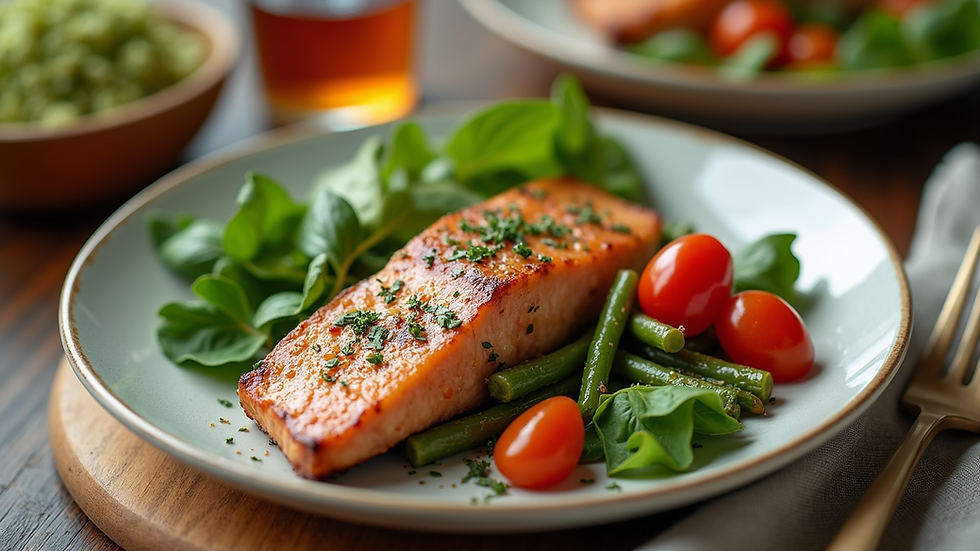 High angle view of a healthy meal with vegetables and lean protein