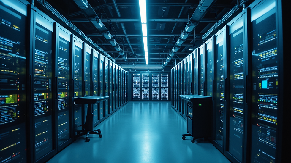 Eye-level view of a modern data lab filled with advanced computing equipment