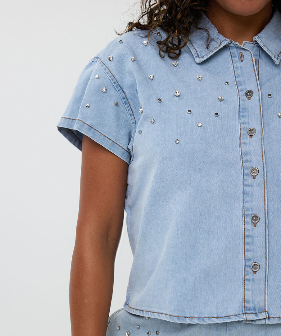 Miniature : Blouse jeans tencel avec petits diamants