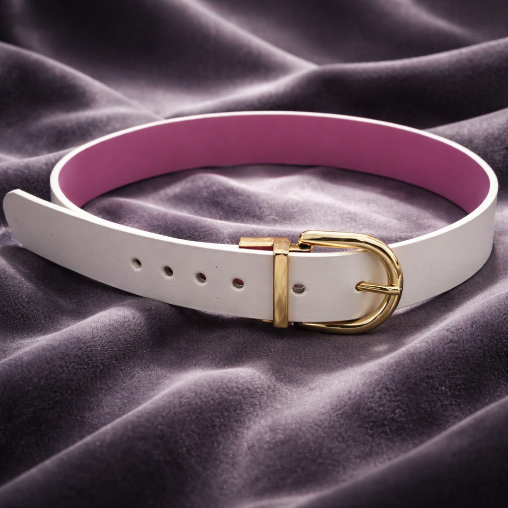 Ceinture cuir réversible beige et rose avec boucle or