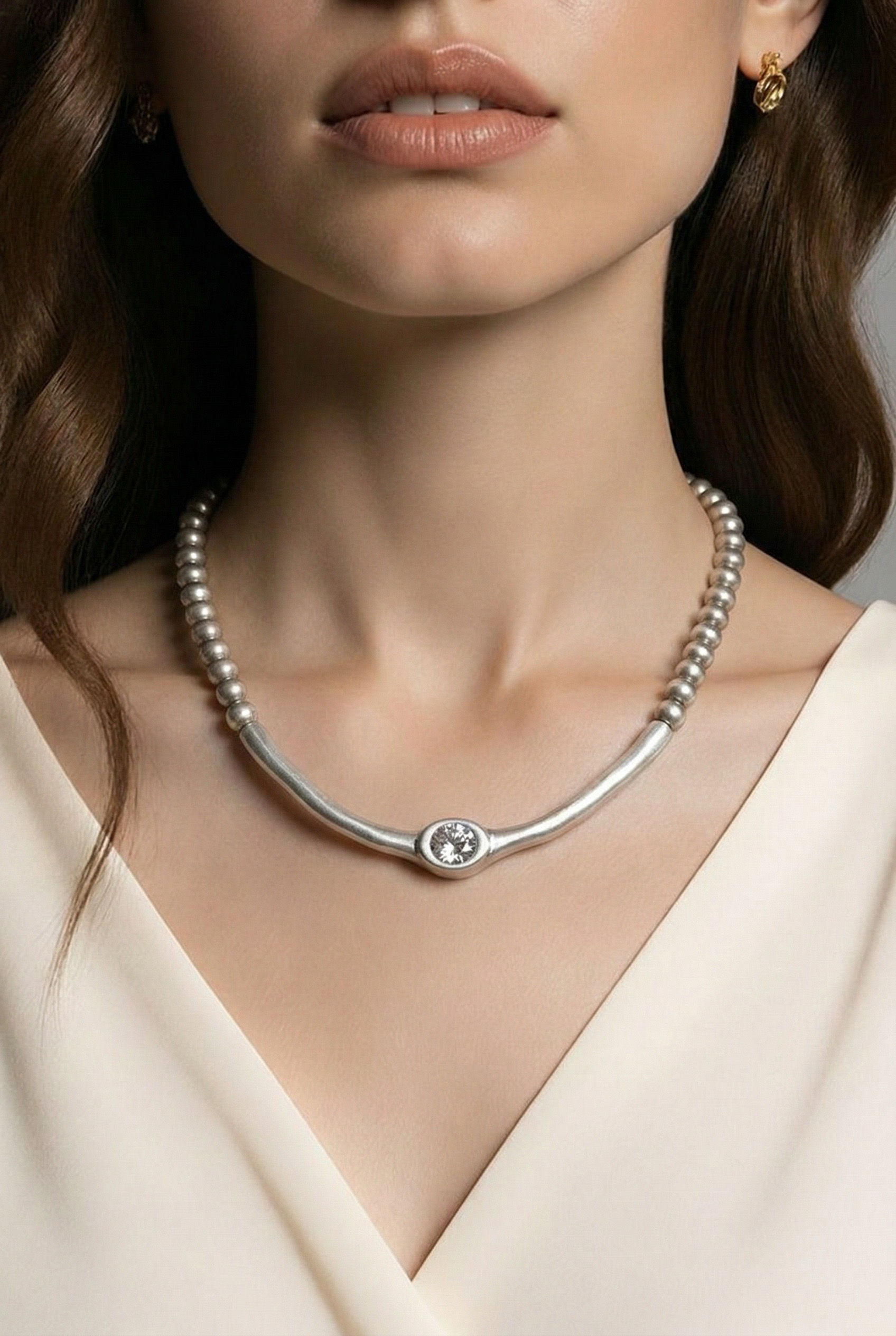 Collier billes argent sterling et petit diamant 