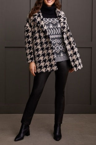 Manteau pied-de-coq beige et noir 3/4