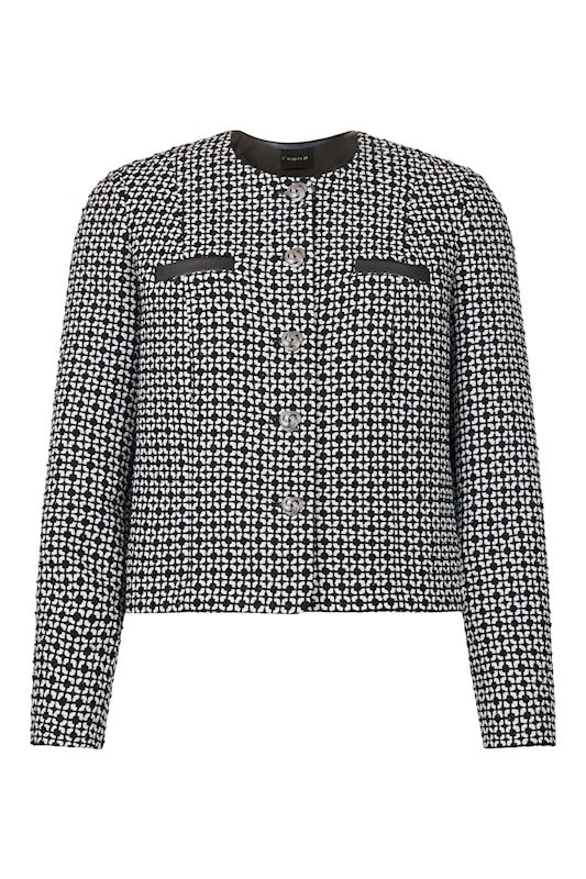 Veston court en tweed noir et blanc détail en cuirette noir