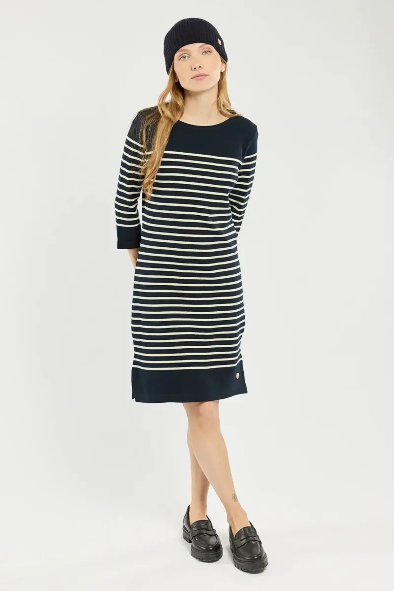 Robe marinière marine et beige 100 % laine merino 
