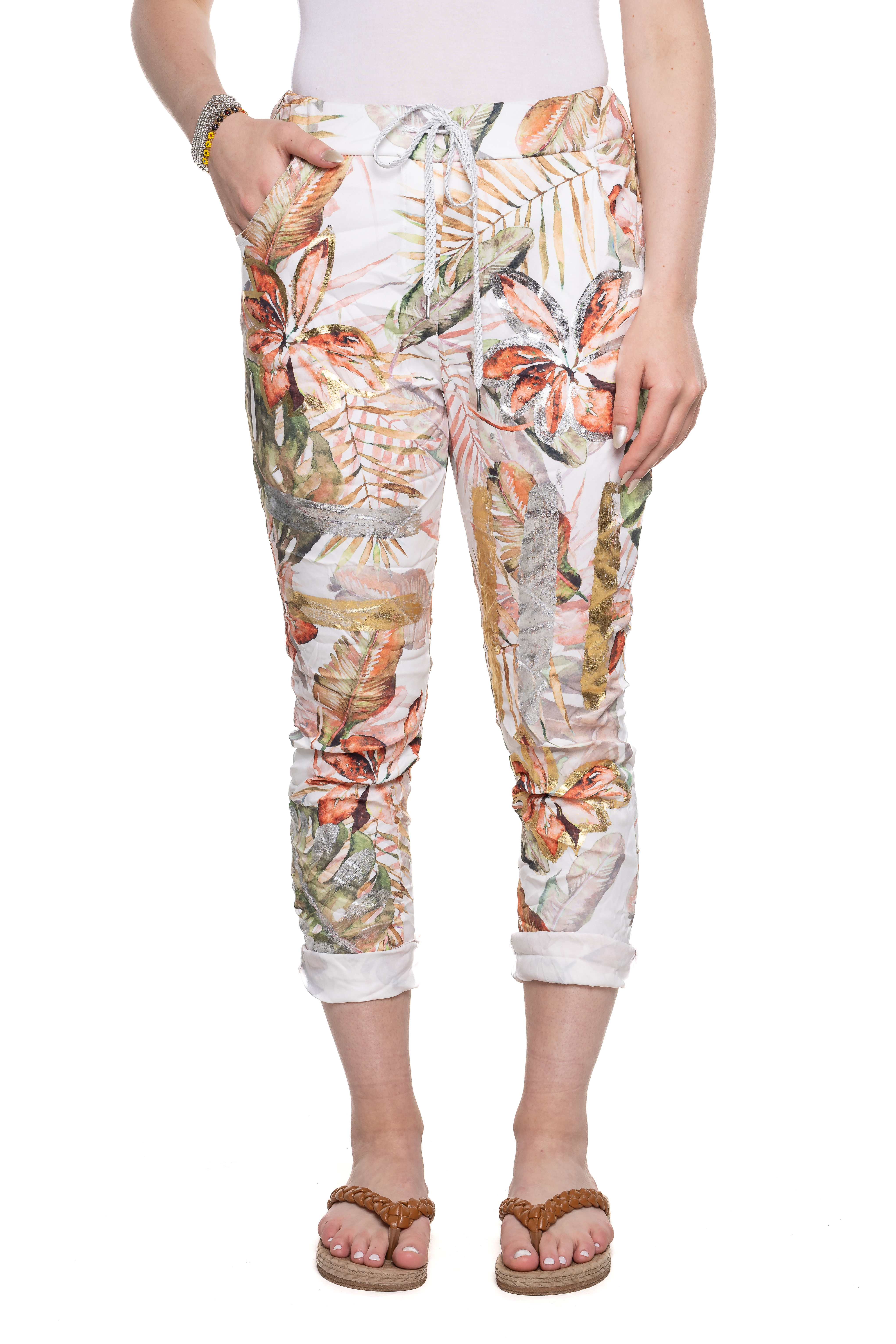 Pantalon frippé imprimé orangé cordon à la taille