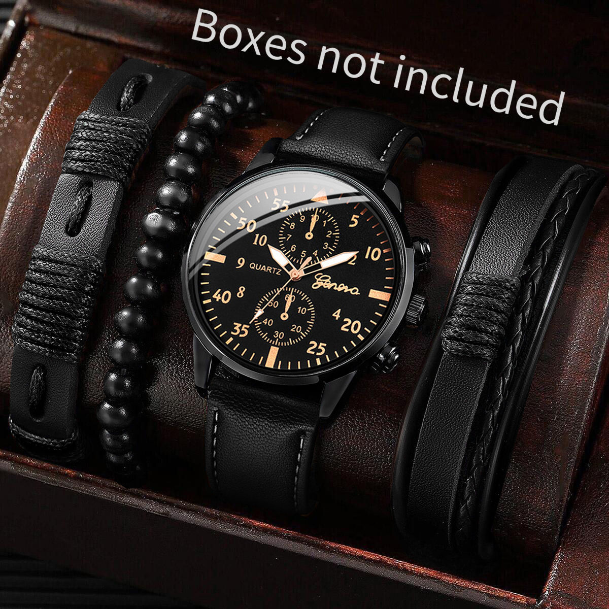 Kit 4 PCS Masculinos Executivos: Relógio Analógico de Quartzo com Pulseiras