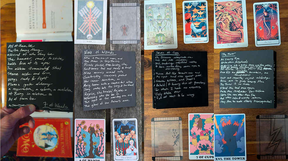 The four poems handwritten in silver ink on black paper. Behind them are their respective cards from the following decks - Rainbow Heart Tarot, Thoth Tarot, The Tarot of the Divine, and The Transparent Tarot. Poems and cards are in the post. 