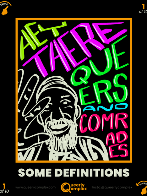 Hey there queers and comrades, written in multi-colored hand lettering. A line drawing of Jason with their hand waving is in the lower left corner. Everything is set against a black background.