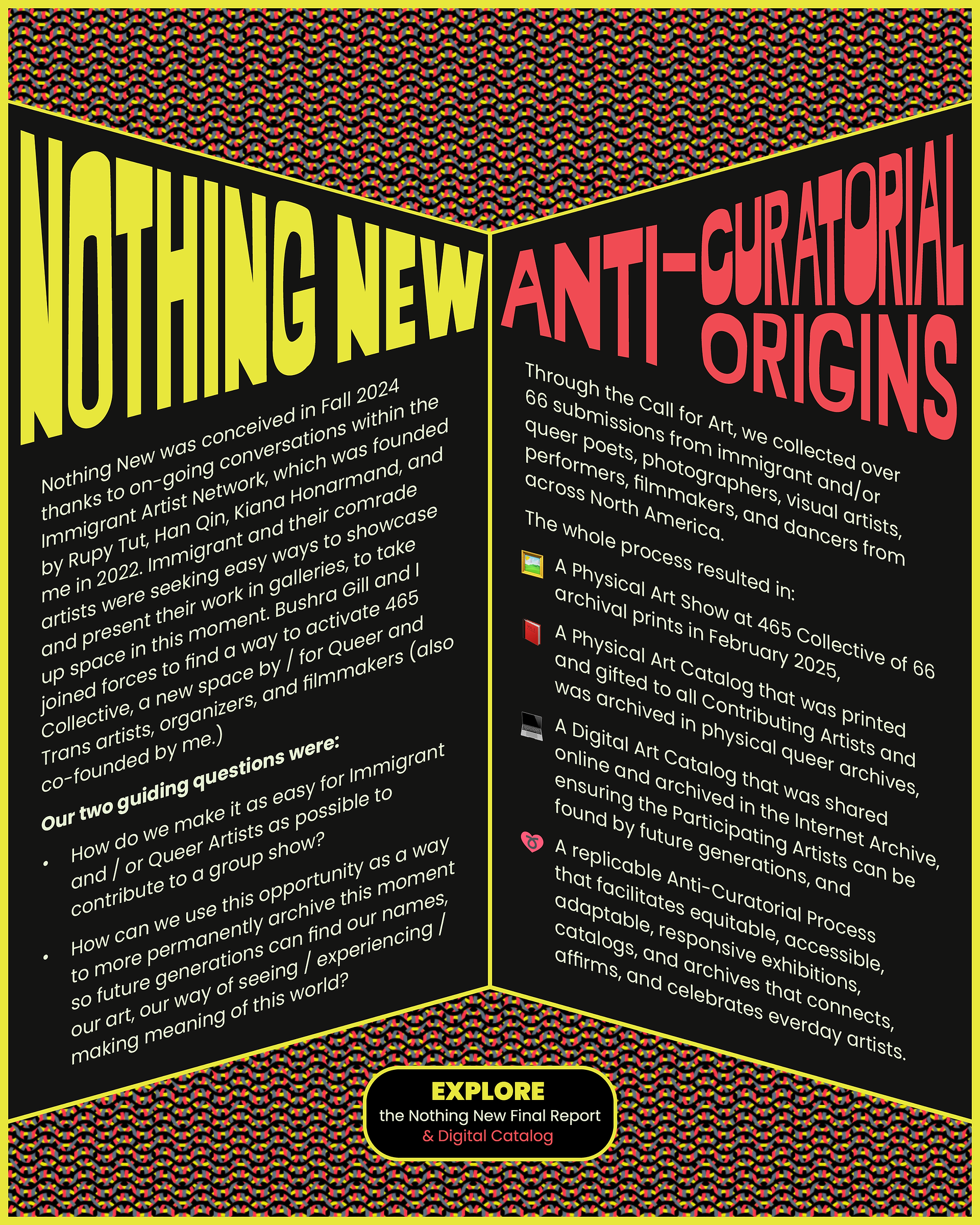 Nothing New Anti-Curatorial Origins. Read the Nothing New Final Report for more info.