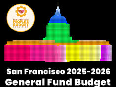San Francisco 2025-2026 General Fund Budget. $4,640,345,297. The image includes a pixelated SF City Hall with the pixels colored according to the budget. Graphic design by Queerly Complex.