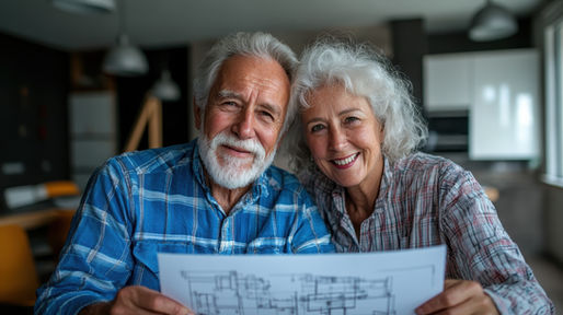 Senior couple holding plans