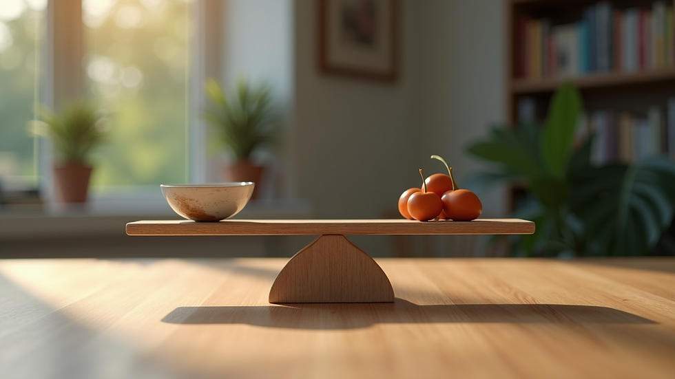 Eye-level view of a balanced scale on a wooden table