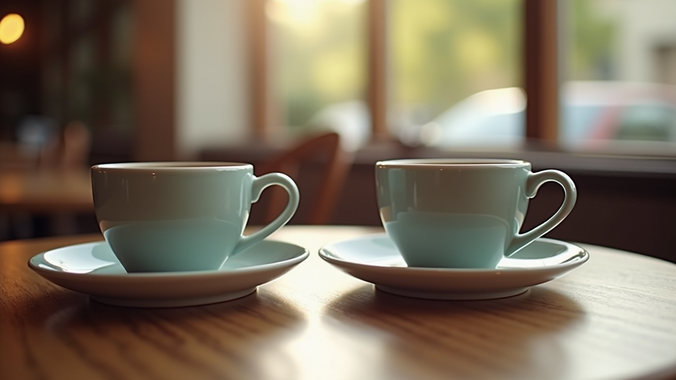 Close-up of two coffee cups on a table, symbolizing connection