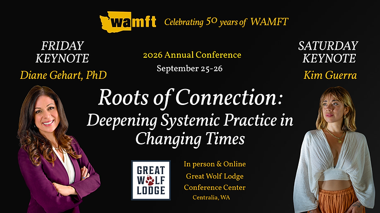 Promotional graphic for the 2026 WAMFT Annual Conference featuring keynote speakers Dr. Diane Gehart (Friday Keynote) and Kim Guerra, LMFT (Saturday Keynote), celebrating WAMFT's 50th Anniversary.