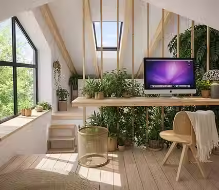 Innenansicht Obergeschoss - Loft, Arbeitszimmer, viel Licht und Pflanzen