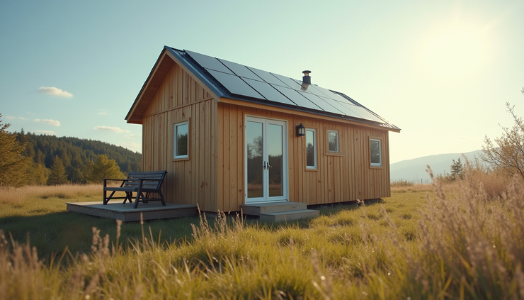 Seitliche Ansicht eines Tiny Houses mit Solarpanelen auf dem Dach