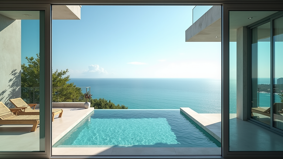 Wide angle view of modern luxury condo overlooking the Caribbean Sea