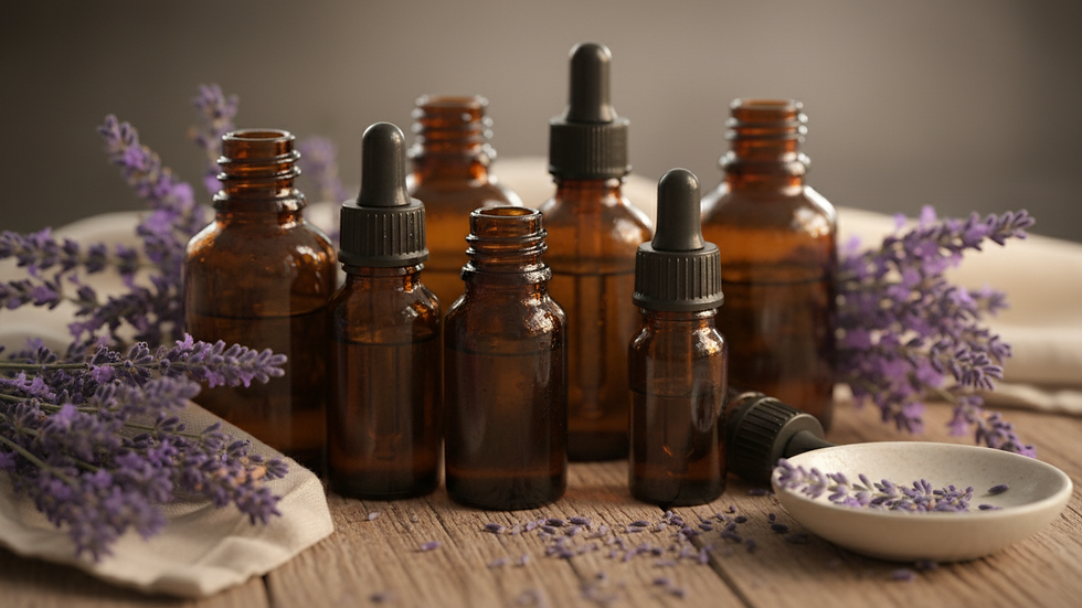 Close-up view of essential oil bottles and fresh lavender flowers on a wooden surface