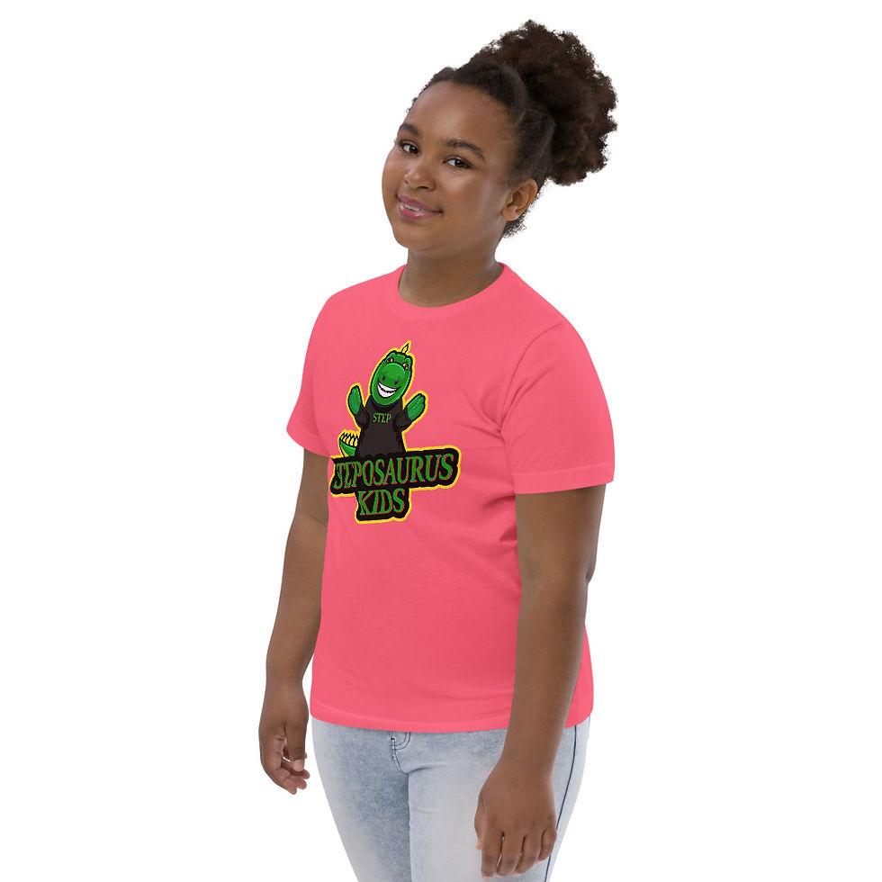 Thumbnail: Youth Unisex Jersey T-Shirt - Steposaurus Dinosaur Mascot