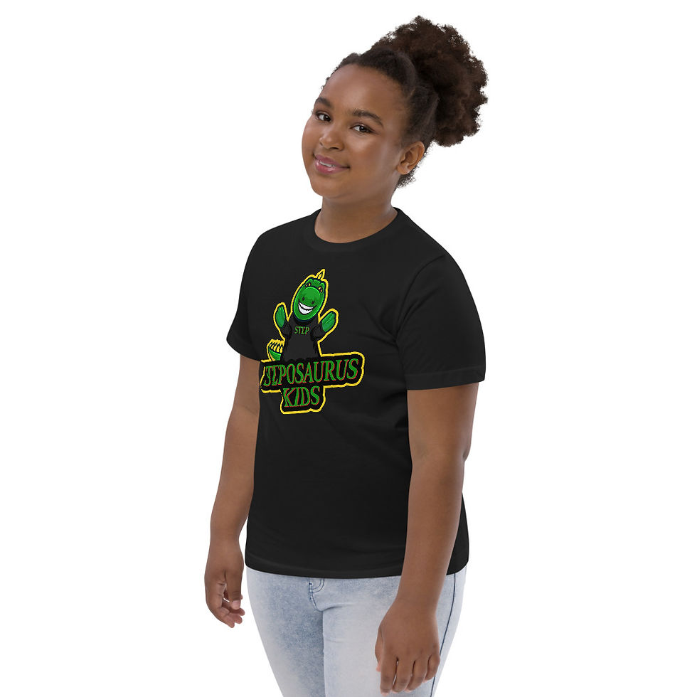 Thumbnail: Youth Unisex Jersey T-Shirt - Steposaurus Dinosaur Mascot