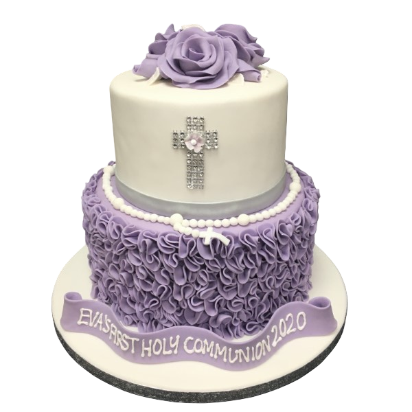 Elegant and beautiful christening or communion cake with delicate ruffle detailing, perfect for a religious celebration in UK English.
