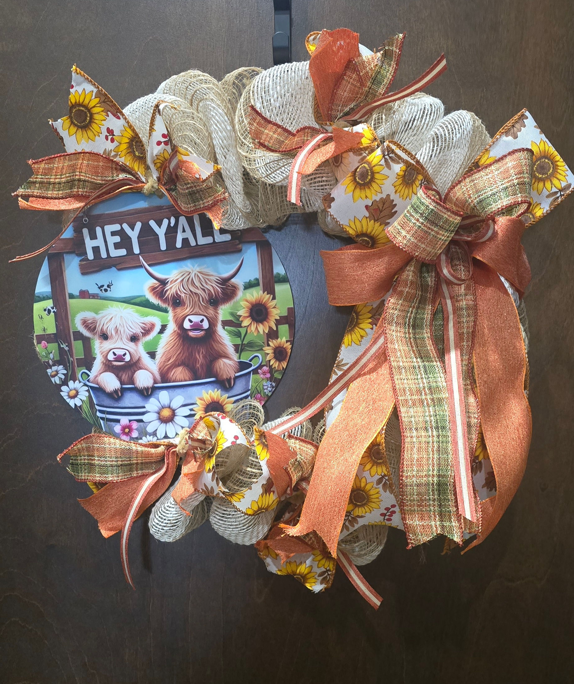 The "Hey Y'all" Sweet Highland Cows Sunflower Wreath