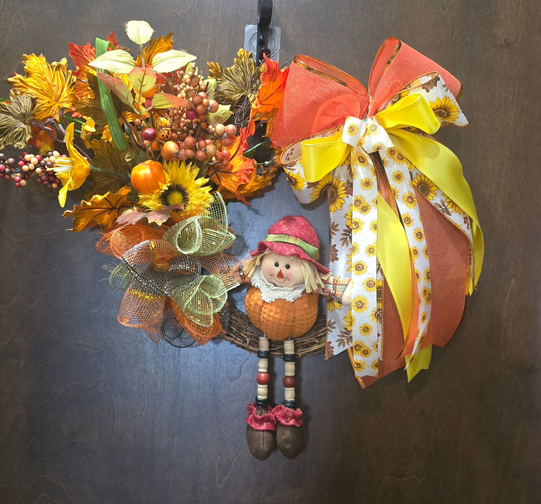 Rustic Sunflower & Pumpkin Scarecrow Grapevine Wreath