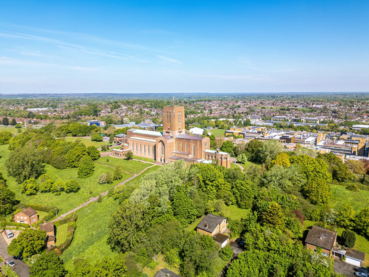 Aerial photo of Guildford Cathedral and the surrounding areas