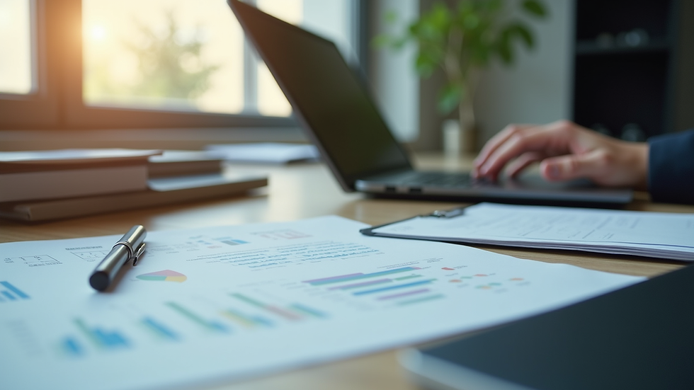 Vue rapprochée d’un bureau avec des documents financiers et un ordinateur portable