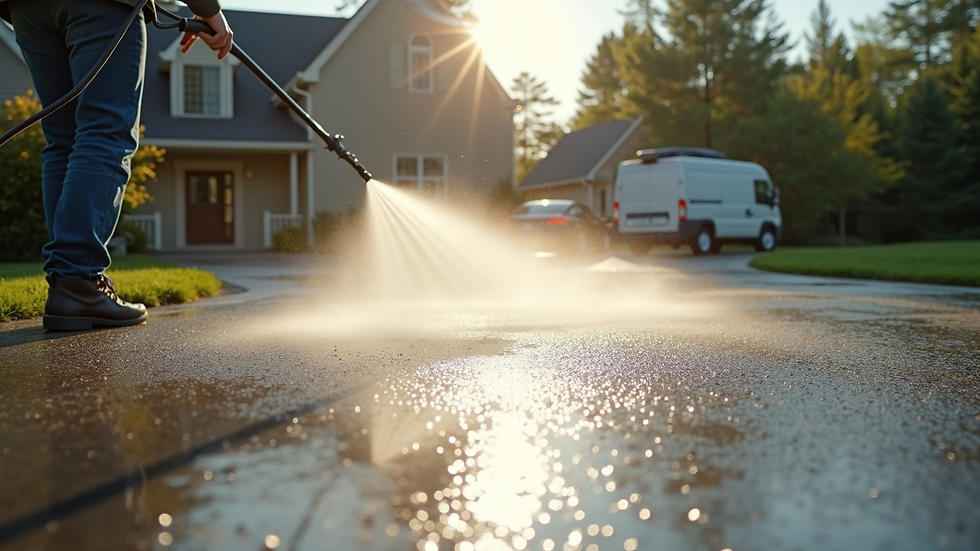 Eye-level view of pressure washing equipment cleaning a residential driveway